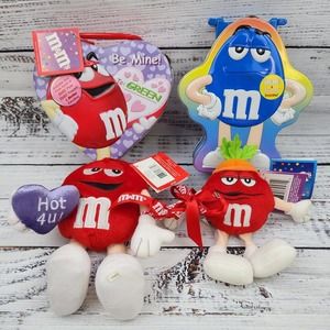 M&M Bundle Green Blue Be Mine 6" Tin Cans Lunch Box Style With Red Plush Dolls